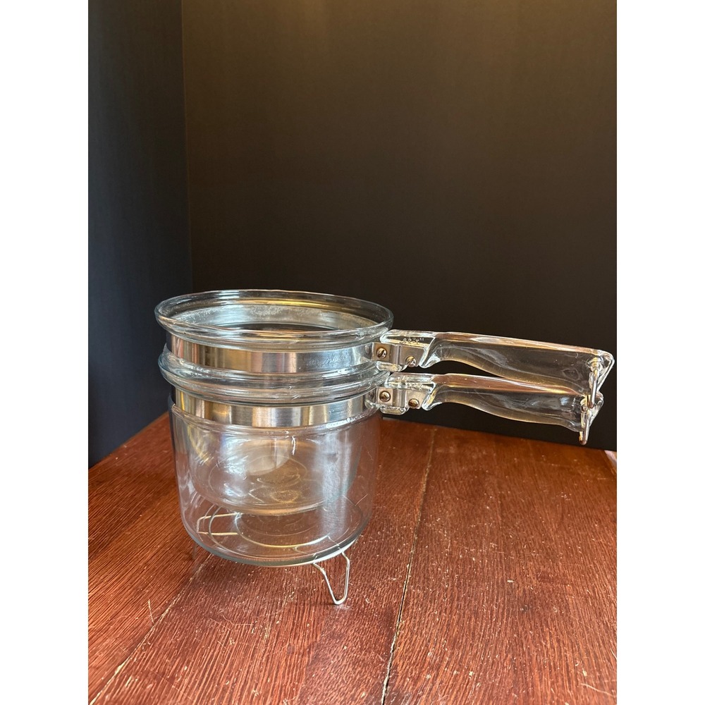 Pyrex Flameware Glass Double Boiler 1.5 Quart 6283 L Clear Cookware Set USA